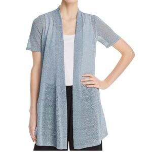 Eileen Fisher Linen Blend Shimmer Blue Short Sleeve Knit Cardigan Size Medium